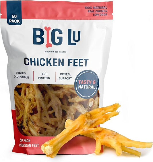 Big Lu – Nail-Free Chicken Feet Dog Chews, 100% Natural Single-Ingredient Treats, Rawhide-Free, Long-Lasting, Rich in Glucosamine and Chondroitin for Joint Health (60 Count)