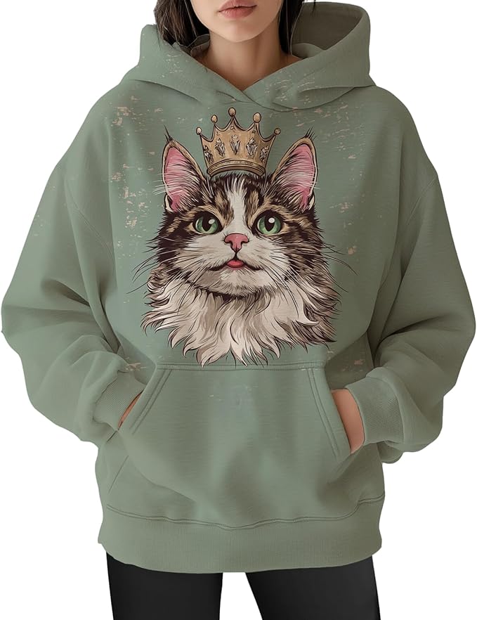 Womens Cat Print Hoodies Trendy Funny Cat Graphic Long Sleeve Sweatshirt Y2k Streetwear Hooded Pullover Tops