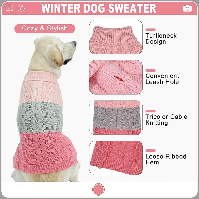 EXPAWLORER Dog Sweater with Leash Hole - Large Dogs Fall Sweaters for Girls Boys,Classic Turtleneck Knitwear Dog Clothes for Cold Weather, Cable Knit Dogs Outfit,Coat,Pet Apparel(Pink&Grey,L)