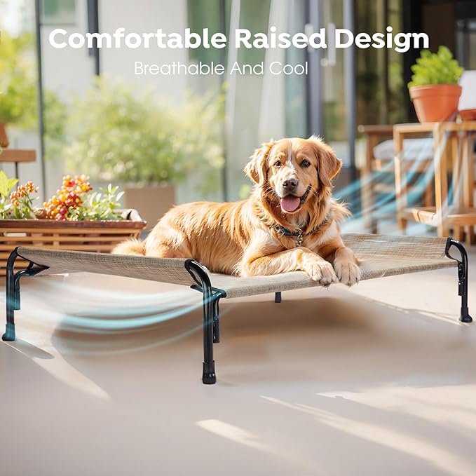 Veehoo Outdoor Elevated Dog Bed, Raised Dog Cot for Large Dogs, Cooling Washable Waterproof Pet Hammock Beds with Slope Headrest, Breathable Mesh and Sturdy Frame, Large, Beige Coffee, CWC2204