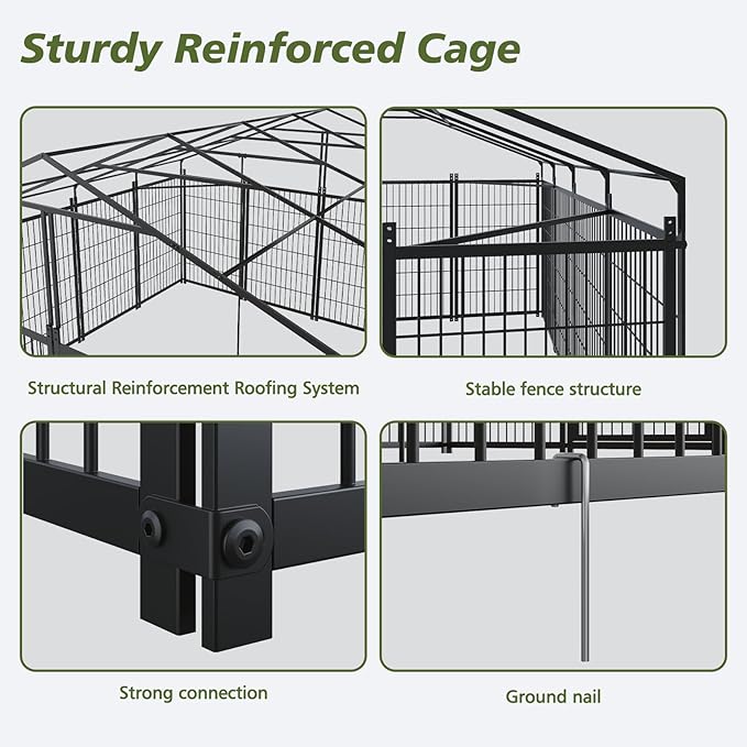 Dog Crate Dog Kennel Outdoor W/Roof,Large Dog Cage W/Adjustable Height Rotating Feeder & 2 Stainless Steel Bowls,Dog Pens Outside W/Double Door Lock,for Yard,Black(9.62x9.35x6.18 FT)