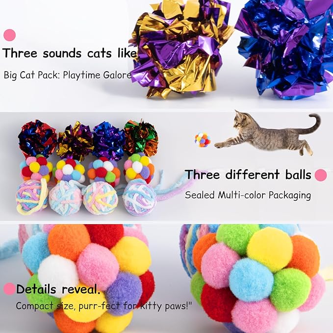 Zeeptix Cat Toys Balls 12Pcs Yarn Cat Balls with Bells Inside, Interactive Kitten Chew Toys for Indoor Kittens Kitty,Muticolor, Crinkle Toys Set，1.7 inches