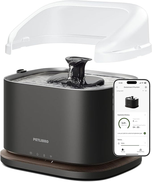 PETLIBRO Upgrade Cordless Cat Water Fountain + Splash Shield, Fountain Battery Operated, App Monitoring 3L/101oz with Stainless Steel Tray, 5GHz WiFi Dog Water Bowl Dispenser, Shiled Easy to Remove