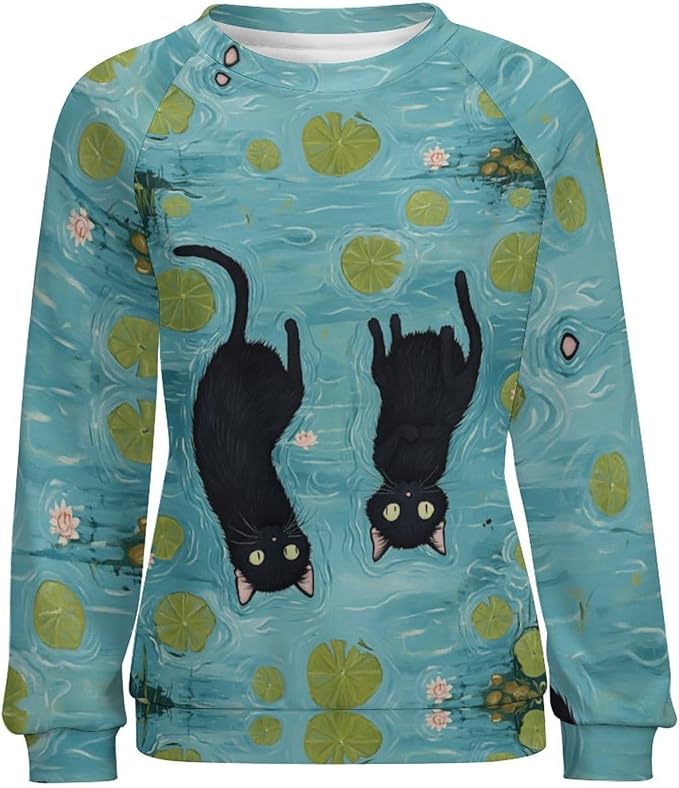 Womens novelty funny cat printed crewneck sweatshirt casual loose long sleeve graphic pullover sweatshirts tops