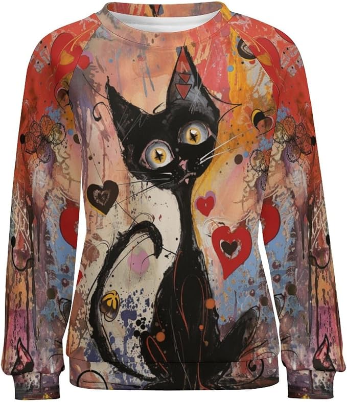 Womens novelty funny cat printed crewneck sweatshirt casual loose long sleeve graphic pullover sweatshirts tops