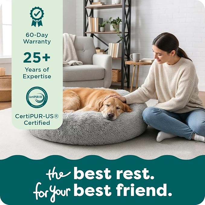 FurHaven 45" Calming Donut Dog Bed for Large Dogs, Round Plush Donut with Soft Filling for Snuggling Comfort, Removable Washable Cover, Jumbo/XL, Shaggy Faux Fur, Mist Gray