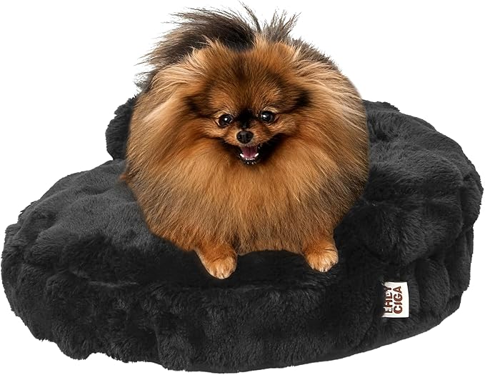 EHEYCIGA Extra Small Dog Bed and Cat Couch for Puppy and Kitten - Fluffy Faux Rabbit Fur Pet Sofa with Washable Removable Cover, Waterproof and Non-Slip, 20 Inch, Black
