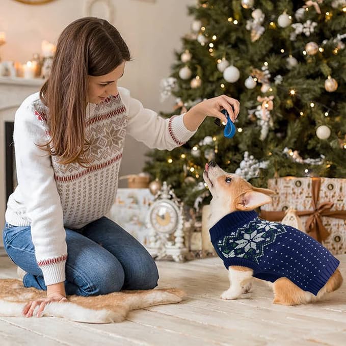 Kuoser Dog Christmas Sweater, Soft Warm Xmas Sweaters for Small Medium Large Dogs Boy Girl, Comfortable Dog Sweater with Leash Hole Snowflake Puppy Knit Outfit for Holiday Winter Fall, Blue 2XL