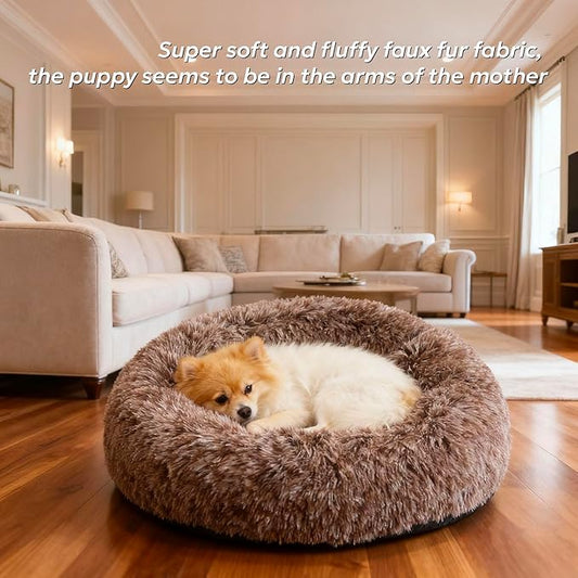 Calming Dog Bed for Small Dogs, Anti-Anxiety Donut Small Puppy Bed Washable, Fluffy Plush Faux Fur Large Cat Bed, Fits up to 20 lbs Pets (Brown, 23")