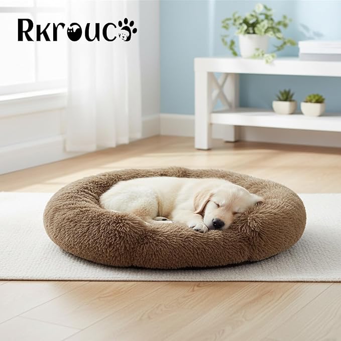 Fluffy Dog Bed Calming Donut Beds for Large Dogs Warming Round Small Medium Pet Nest Cozy Cat Mattress Indoor Washable Puppy Kennel Kittens Sleep Mat (S, 23.6×23.6 inch, Light Brown)
