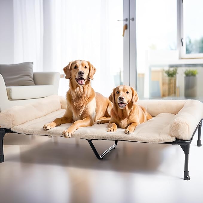 Veehoo Cooling Elevated Dog Bed + Removable Fluffy Pillow-Top Mat, Plush Raised Dog Bed with Bolster, Breathable Mesh, No-Slip Feet, Dog Sofa Bed for Indoor & Outdoor, 59"x37.5", XXLarge, CWC2331E
