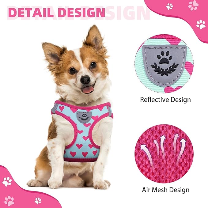 KOOLTAIL Dog Harness and Leash Set for Small Medium Dogs, Step in No Pull Soft Mesh Dog Harness Comfort Padded Pet Vest, Adjustable Reflective Easy Walking Puppy Cats Harnesses Training, Pink Heart S