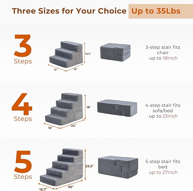 HYLEORY Dog Stairs for Bed 18''H, 4-Step Pet Stairs for Small Dogs Cats, Sturdy Pet Steps with Non-Slip Bottom, Functional Portable Dog Ramp for Couch/Chair/Sofa/Car, Storage Pocket, Grey-Light Grey