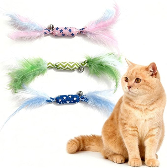 CealumVita Catnip Toy Candy Shape with Bright Colors Feathers & Bell, Kicker Chew Toy for Indoor Cats, Enrichment Toys for Bored Kittens & Adult Cats, 3-Pack Crinkle Plush Toys for Teething and Play