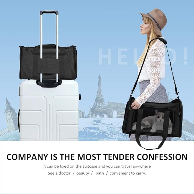 Henkelion Cat Carriers Dog Carrier Pet Carrier for Small/Medium Cats Dogs Puppies (Up to 15lbs), TSA Airline Approved Small Dog Carrier Soft Sided, Collapsible Waterproof Travel Puppy Carrier -Black