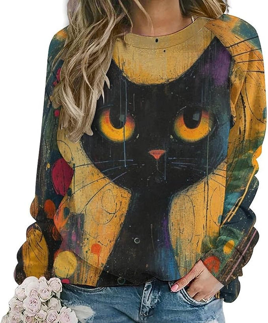 Biacolum Long Sleeve Shirts for Women Mid Century Retro Style Atomic Cat 3D Graphic Sweatshirts Fall Crewneck Pullover Top