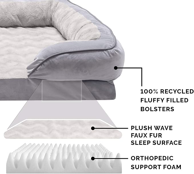Furhaven Orthopedic Dog Bed for Large Dogs w/ Removable Bolsters & Washable Cover, For Dogs Up to 95 lbs - Plush & Velvet Waves Perfect Comfort Sofa - Granite Gray, Jumbo/XL