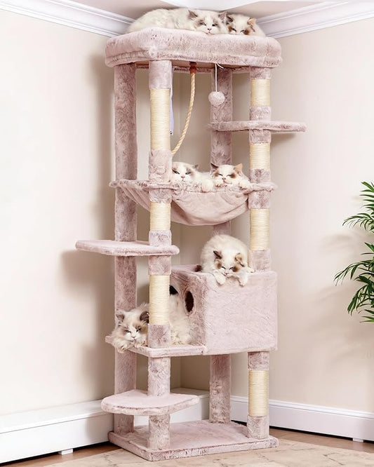 Heybly Cat Tree for Large Cats 20lbs Heavy Duty,60 inches XXL Cat Tower for Indoor Cats, Multi-Level Furniture Condo with Big Padded Plush Perch, Cozy Basket, Muchroom HCT050MU