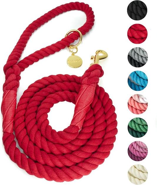 DJANGO Cotton Rope Dog Leash 5ft – Handcrafted Dog Leash and Red Braided Leash for Small, Medium, and Large Dogs – Durable 5 Foot Training Lead with Gold Hardware – Crimson Red