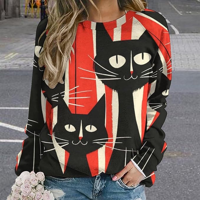 Biacolum Long Sleeve Shirts for Women Mid Century Retro Style Atomic Cat 3D Graphic Sweatshirts Fall Crewneck Pullover Top