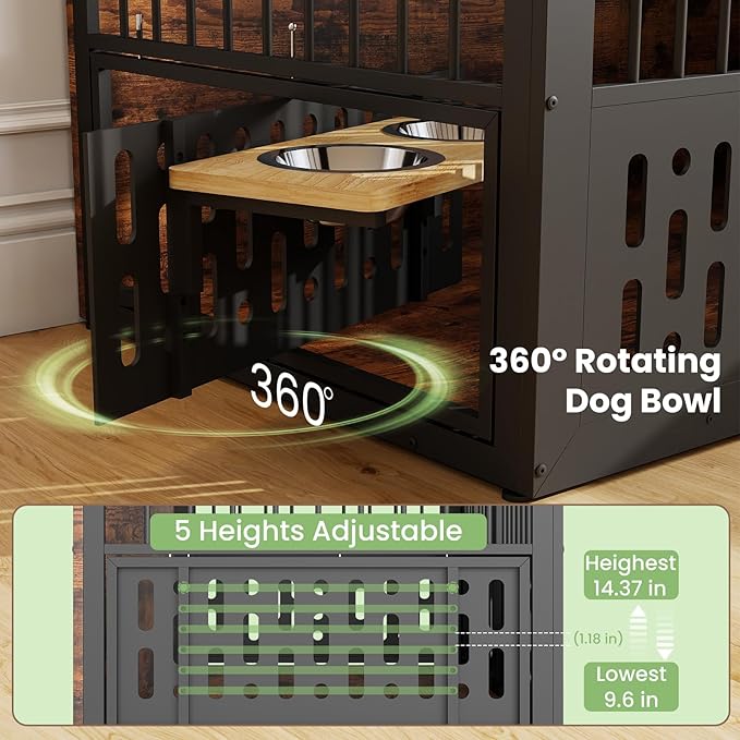 48 Inch XXL Dog Crate Furniture, Wooden Chewproof Dog Kennel with Interactive Window, 360° Adjustable Bowls (5 Heights), Storage Table Top, Heavy Duty XL Dog Crate for Medium Large Dogs, Brown