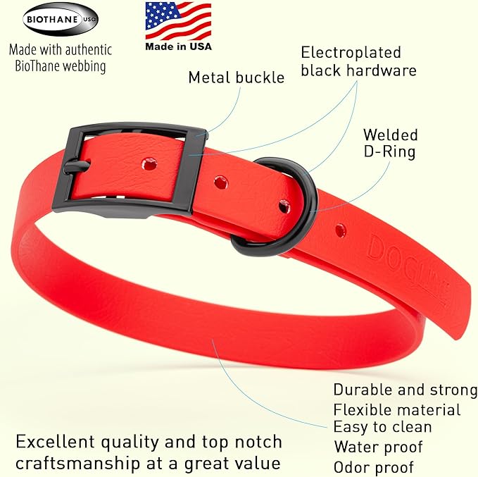 Dogline Biothane Coated Webbing Dog Collar with Black Metal Hardware: Durable Easy-Clean Everyday Collar for Dogs - Comfortable Adjustable Odor-Resistant Pet Collar, W3/4" x L15-18, Cherry Red