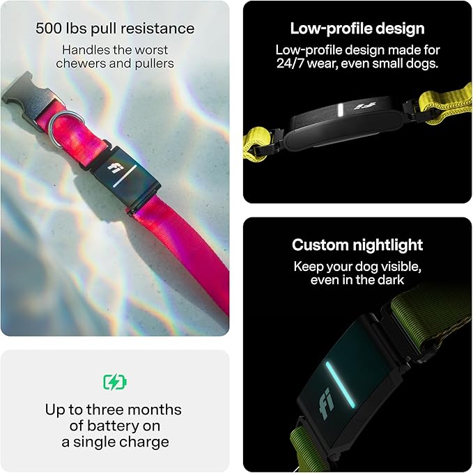 New Fi Series 3+ Smart Dog Tracker Collar [12 Month Membership Included] GPS Tracker for Dogs with Health & Behavior Monitoring, Escape Alerts, Waterproof, LED, Apple Watch Compatible (Pink, Medium)