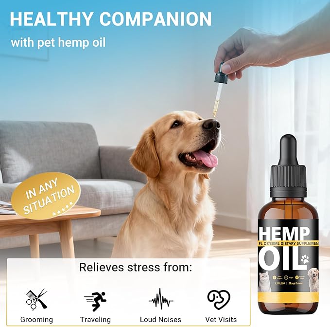 4 Pack Hemp Oil for Dogs & Cats, Hemp Oil Helps with Anxiety Stress, Pain, Sleep, Arthritis, Seizures Relief, Calming Drops for Pet, Hemp Seed Oil, CBD-Free