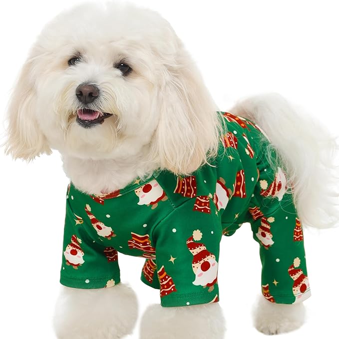 Dog Christmas Pajamas for Small Dogs S - Soft 4-Leg Long Sleeve Prints Onesie | Warm Jumpsuit for Sensitive Skin, Anti-Lick Suit for Daily Wear & Indoor Comfort, Green