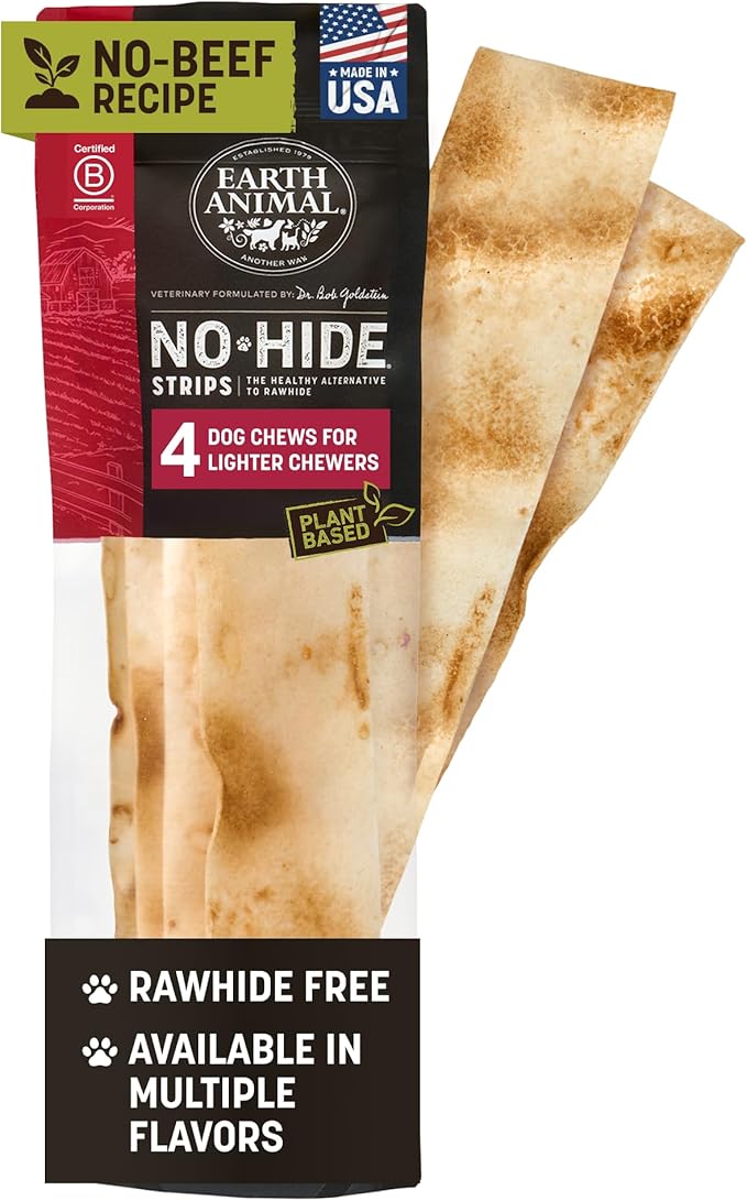 Earth Animal No Hide Strips - Natural Rawhide Free Dog Chew Strips, Beef Free - 4 Count
