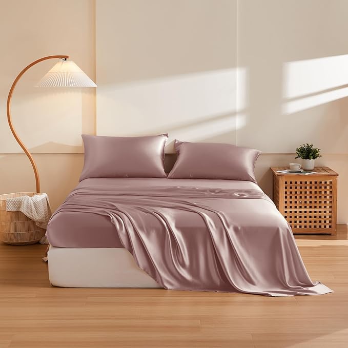 THXSILK Silk Sheet Set 4Pcs, 6A+ Top Grade 100% Pure Mulberry Silk Bed Sheets Ultra Soft Durable Luxury Bedding Sets Cooling, 1 Fitted Sheet, 1 Flat Sheet and 2 Pillowcases (Twin-XL, Purple)