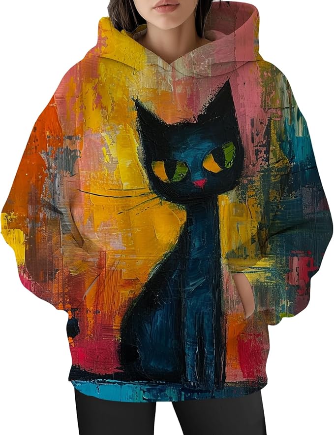 Womens Funny Cat Hoodies Oversized Graphic Hooded Sweatshirt for Women Fall Plus Size Pullover Hoodie Y2K