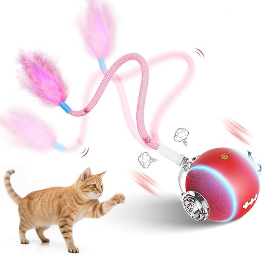 PANRIO Interactive Cat Toys for Indoor Cats,3 Modes Electric Moving Cat Ball with Feather Tail,800MAH Large Capacity & Low Noise,Automatic Kitten Toys for Bored Indoor Adult Cats