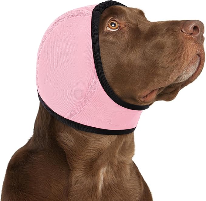 KOESON Dog Calming Hoodie - No Shake Ear Wraps for Dogs, Anxiety Relief & Noise Protection, Water Resistant Pet Ear Cover Muffs for Firework, Grooming, Thunderstorms, Swimming, Bathing, Light Pink S