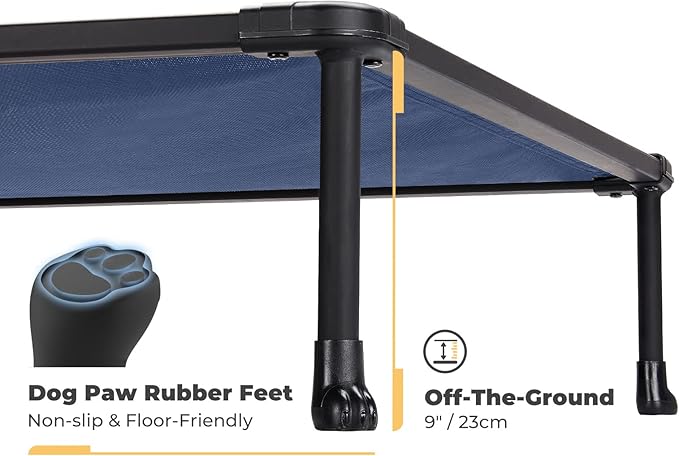 Veehoo Chewproof Elevated Dog Bed - Cooling Raised Pet Cot, Breathable Mesh, Washable & Non-Slip for Large Dogs, Indoor/Outdoor, Blue Mat and Black Frame, 59x37inches (Model CWC2203A03)