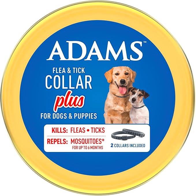 ADAMS Flea & Tick Collar Plus for Dogs & Puppies, 2 Pack, 12 Month Protection, Adjustable One Size, Kills Fleas, Ticks & Repels Mosquitoes, Excluding California