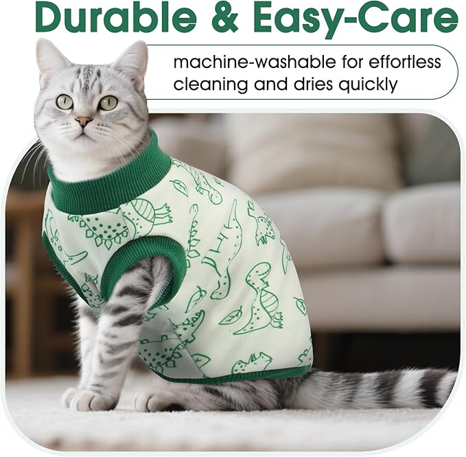 DENTRUN Sleeveless Cat Vest with Dinosaur Print, Breathable Ultra-Soft Dralon Fleece Cat Sweater, All-Season Pet Costume Apparel for Cats, Kitten Clothing for Indoor/Outdoor, Green, XS