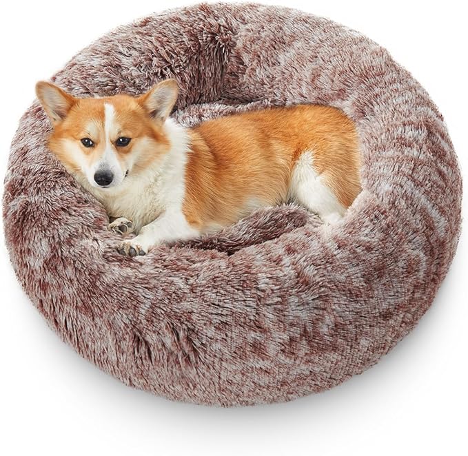 Calming Dog Bed for Medium Size Dogs, Anti-Anxiety Donut Medium Pet Bed Washable, Anti-Slip Round Fluffy Plush Faux Fur Puppy Bed, Fits up to 35 lbs Pets (Brown, 30")