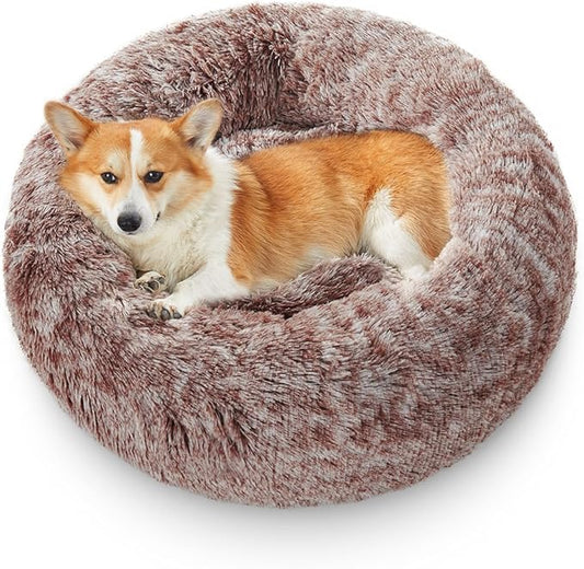 Calming Dog Bed for Medium Size Dogs, Anti-Anxiety Donut Medium Pet Bed Washable, Anti-Slip Round Fluffy Plush Faux Fur Puppy Bed, Fits up to 35 lbs Pets (Brown, 30")