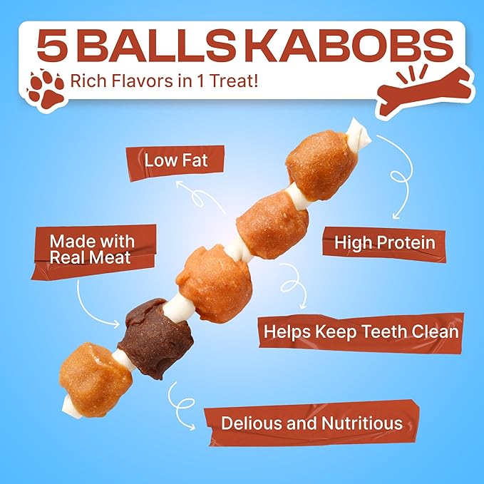 PETPHABET Dog Kabobs Rawhide Treats - 5 Flavors Training Snacks, Healthy Puppy Chews for Small Medium Large Breeds, Made with Chicken, Sweet Potato, Duck, Cheese & Hide Sticks 14oz, 18 Count