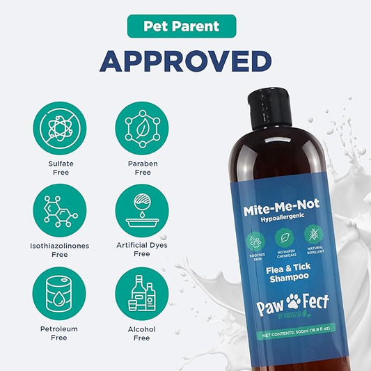 Hypoallergenic Flea and Tick Relief 16.9oz Dog Shampoo for Sensitive Skin Mite Me Not Formula for Itchy and Dry Coats Deep Cleansing and Moisturizing Pet Wash for Dogs and Puppies 500ml