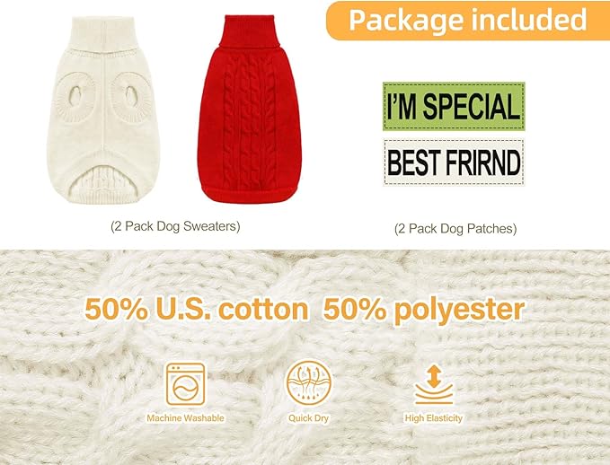 2 Pack Dog Sweaters for Small Dogs - Puppy Medium Warm Clothes in Winter, Turtleneck Pullover Design for Boy Girl Pet, Doggie, Cat, Kitten Chihuahua Bulldog Pug Beagles (M, Red, Beige)