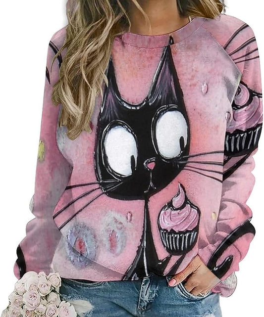 Biacolum Long Sleeve Shirts for Women Mid Century Retro Style Atomic Cat 3D Graphic Sweatshirts Fall Crewneck Pullover Top