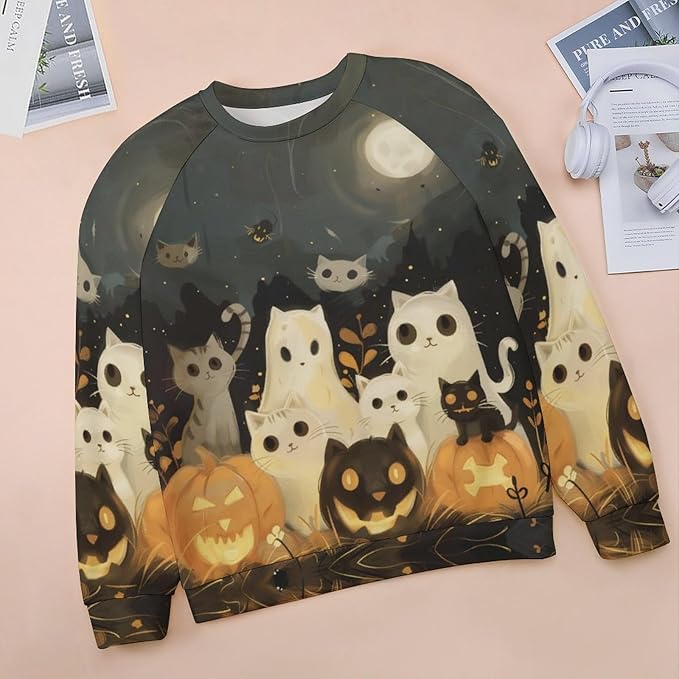 Womens novelty funny cat printed crewneck sweatshirt casual loose long sleeve graphic pullover sweatshirts tops