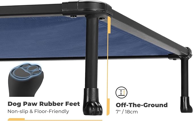 Veehoo Chewproof Elevated Dog Bed - Cooling Raised Pet Cot, Breathable Mesh, Washable & Non-Slip for Medium Dogs, Indoor/Outdoor, Blue Mat and Black Frame, 32x25inches (Model CWC2203A03)