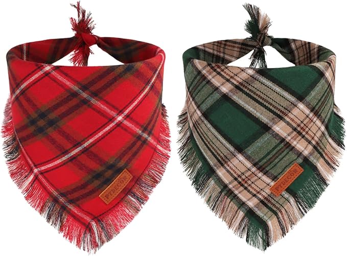 PTDECOR Christmas Dog Bandanas with Tassels Edges, Stylish Red Green Plaid Scarf Bib, Multiple Size, Reversible Triangle Christmas Bandanas for Extra Large Dogs (X-Large)