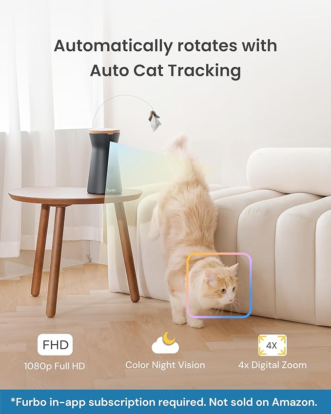 Furbo 360° Cat Camera - Unlock Camera & Smart Features w/Paid Plan: Home Security & Pet Safety Alerts, Rotating Treat Dispenser w/Speaker, Smart Cam w/Phone App (Subscription Required, 3mo Minimum)