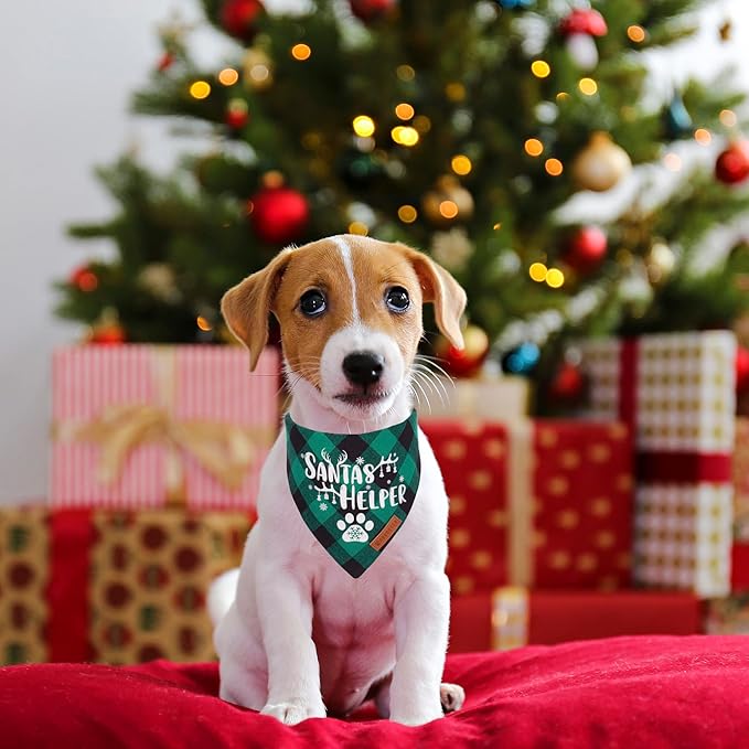 ADOGGYGO Christmas Dog Bandanas, Red Green Plaid Dog Scarf Bib, Premium Cotton Fabric, Multiple Sizes, Merry Christmas Bandanas for Small Dogs (Small)