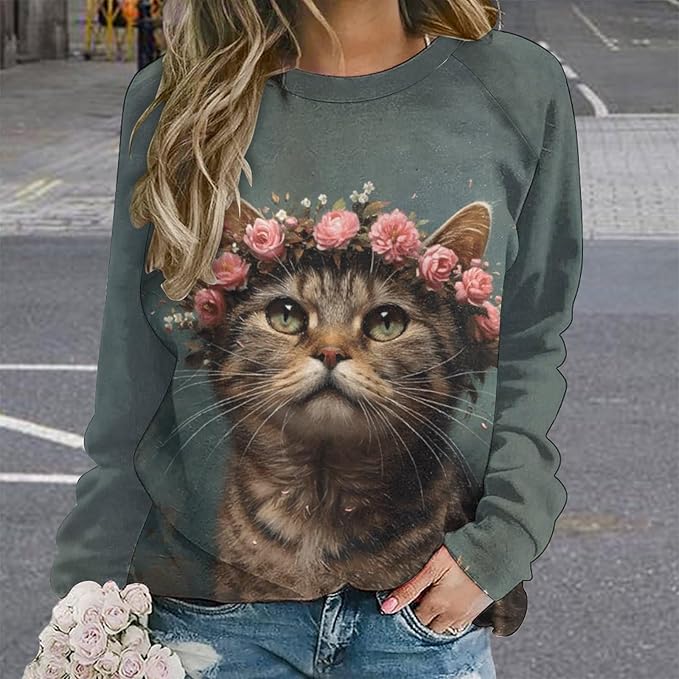 Womens novelty funny cat printed crewneck sweatshirt casual loose long sleeve graphic pullover sweatshirts tops