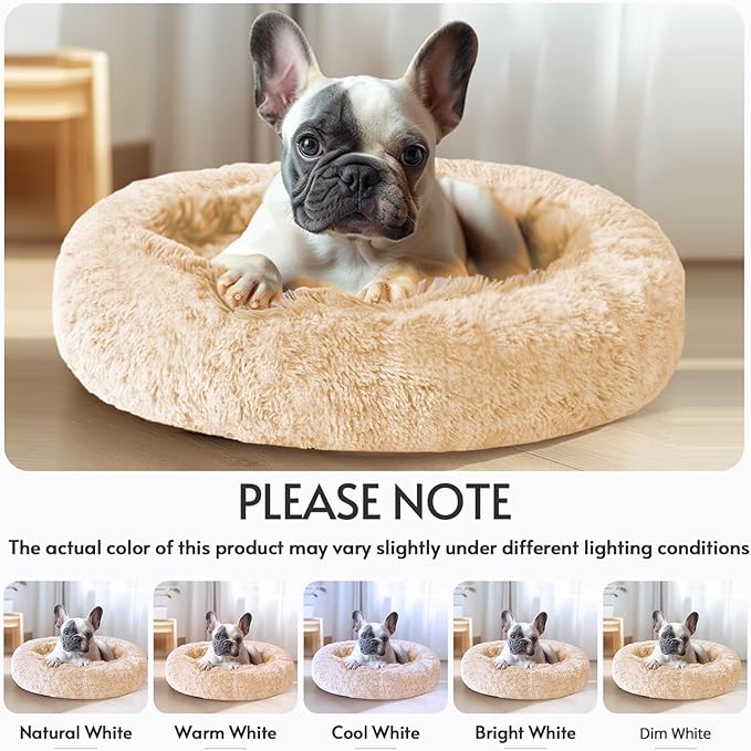 JOLLYVOGUE Small Dog & Cat Beds for Indoor Cats, Donut Cuddler Warming Soft Dog Beds with Anti-Slip Bottom, Round Calming Fluffy Plush Faux Fur Cushion Bed for Small Dogs (20", Off White)
